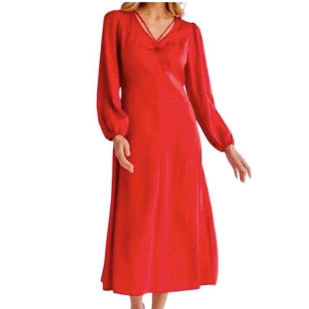Red V-Neck Midi Dress with Long Sleeves